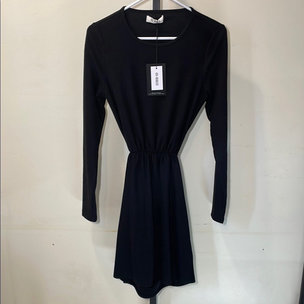 4th are less Black Long Sleeve Dress With Open Back